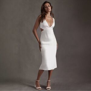 Sachin & Babi Bride‎ White Satin Midi Dress Size 8 Plunge Neckline Side Cutout